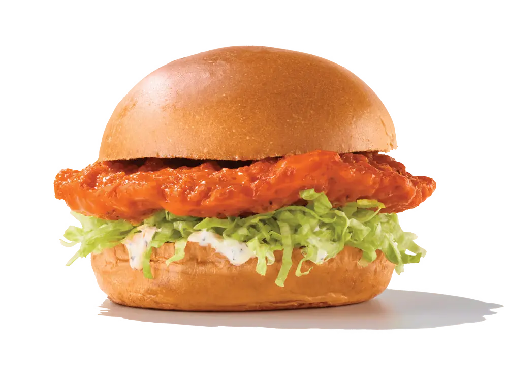 Buffalo Chicken Sandwich with crispy, spicy chicken and fresh toppings.