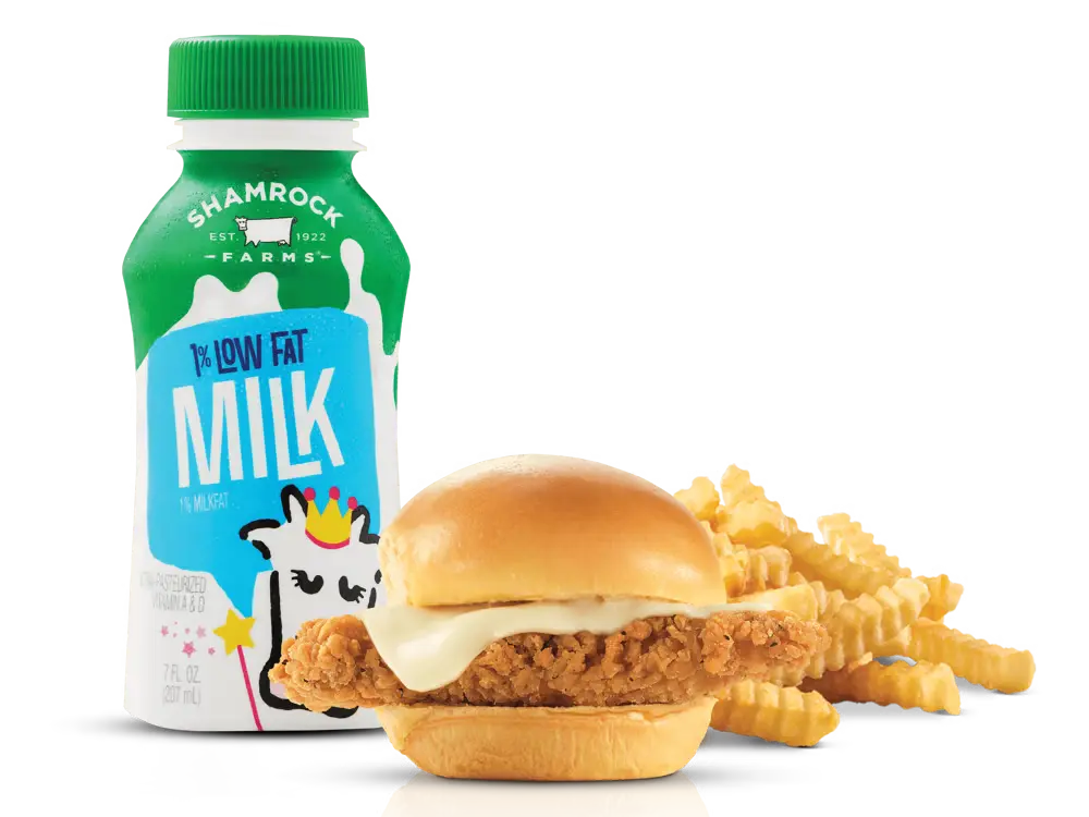 Chicken Slider Kids Meal with a juicy chicken slider, a side, and a drink.