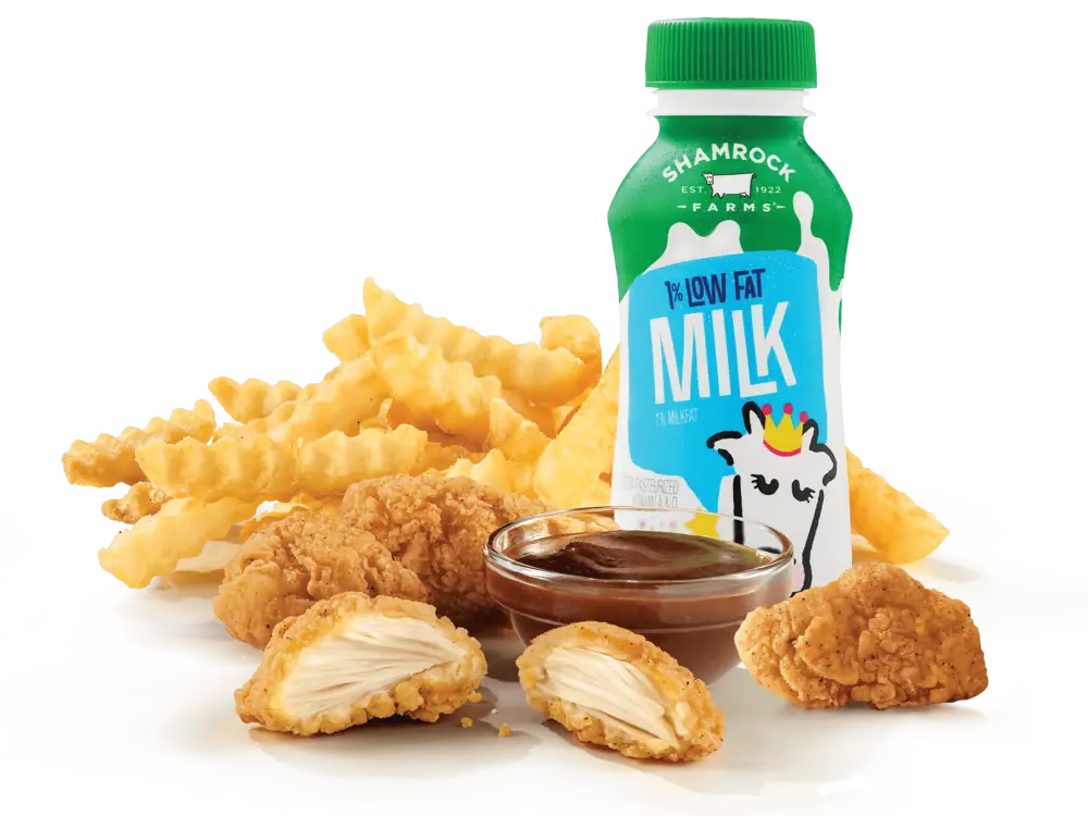 Premium 4PC Chicken Nuggets Kids Meal with crispy nuggets, a side, and a drink.