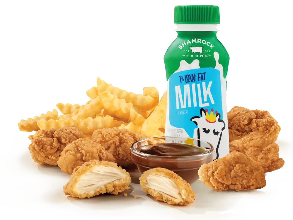 Premium 6PC Chicken Nuggets Kids Meal with six crispy nuggets, a side, and a drink.